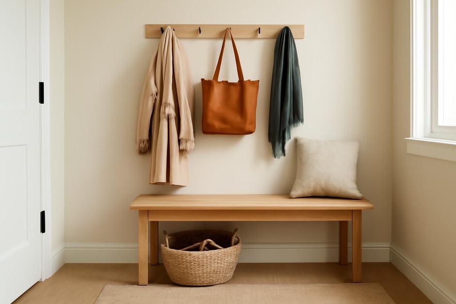 A tidy entryway with hooks, a bench, and a basket for shoes